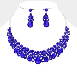 Blue Crystal Teardrop Stone Accented Evening Statement Necklace Set